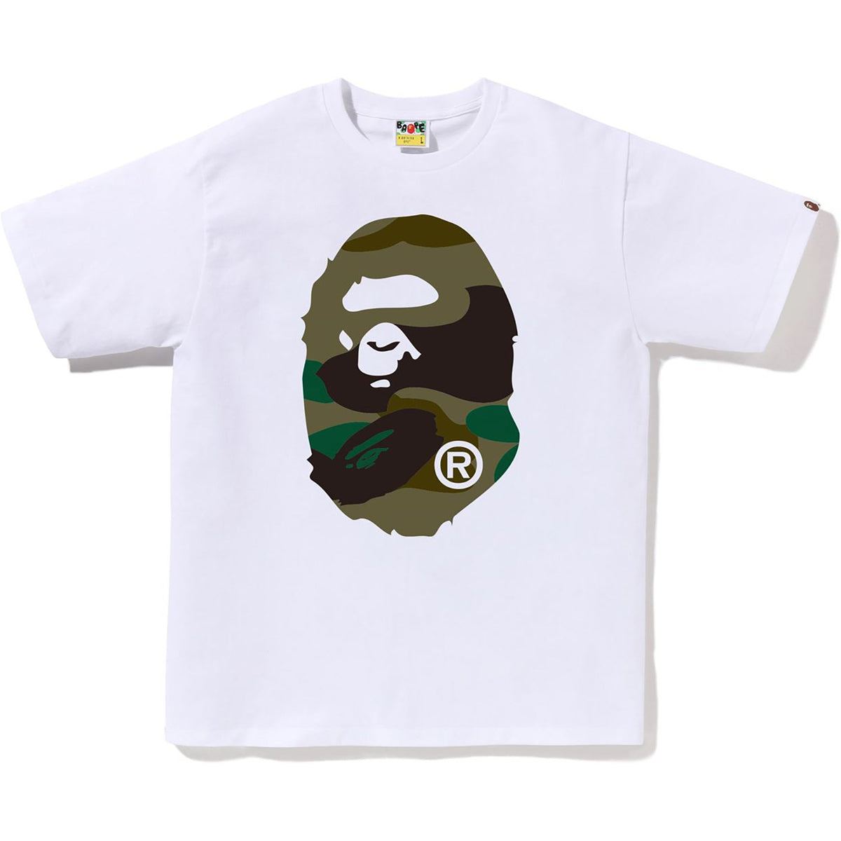 Bape Giant 1ST Camo Big Ape Head white and green T-shirt, front view