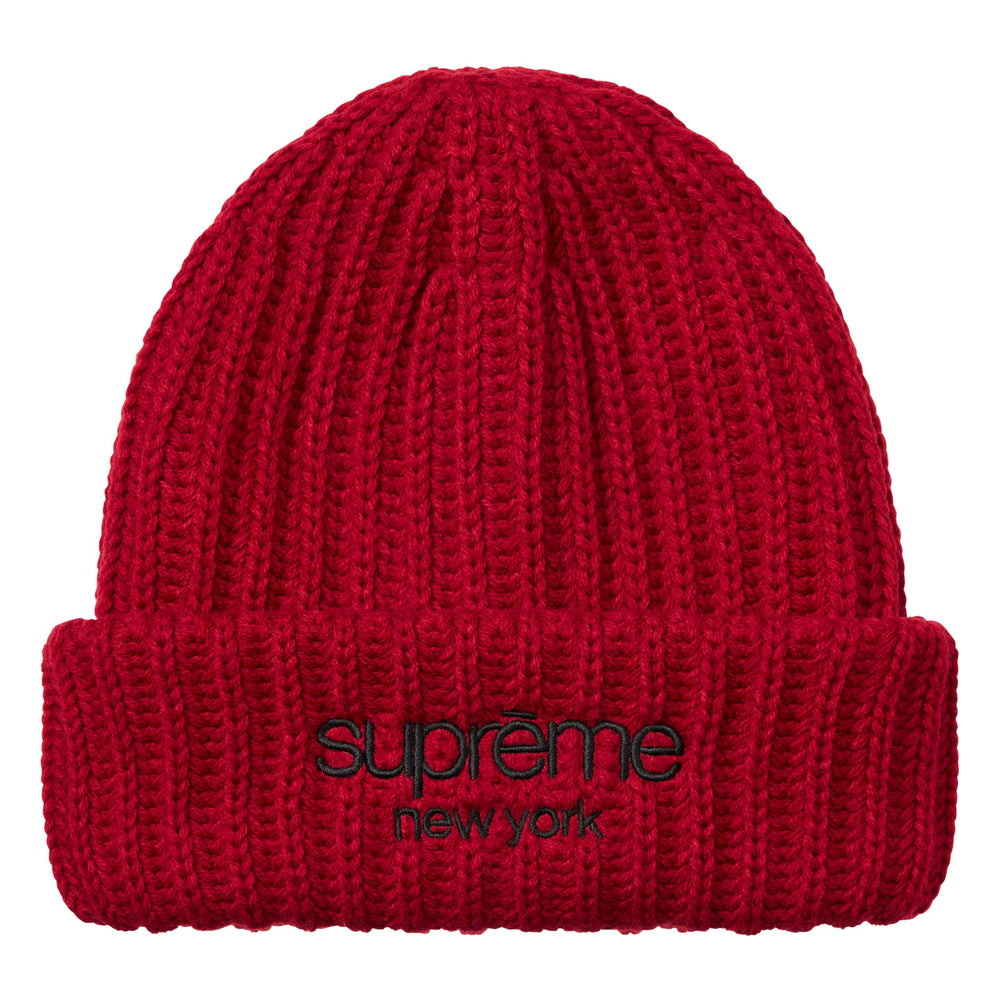 Supreme Classic Logo Chunky Ribbed red beanie, front view