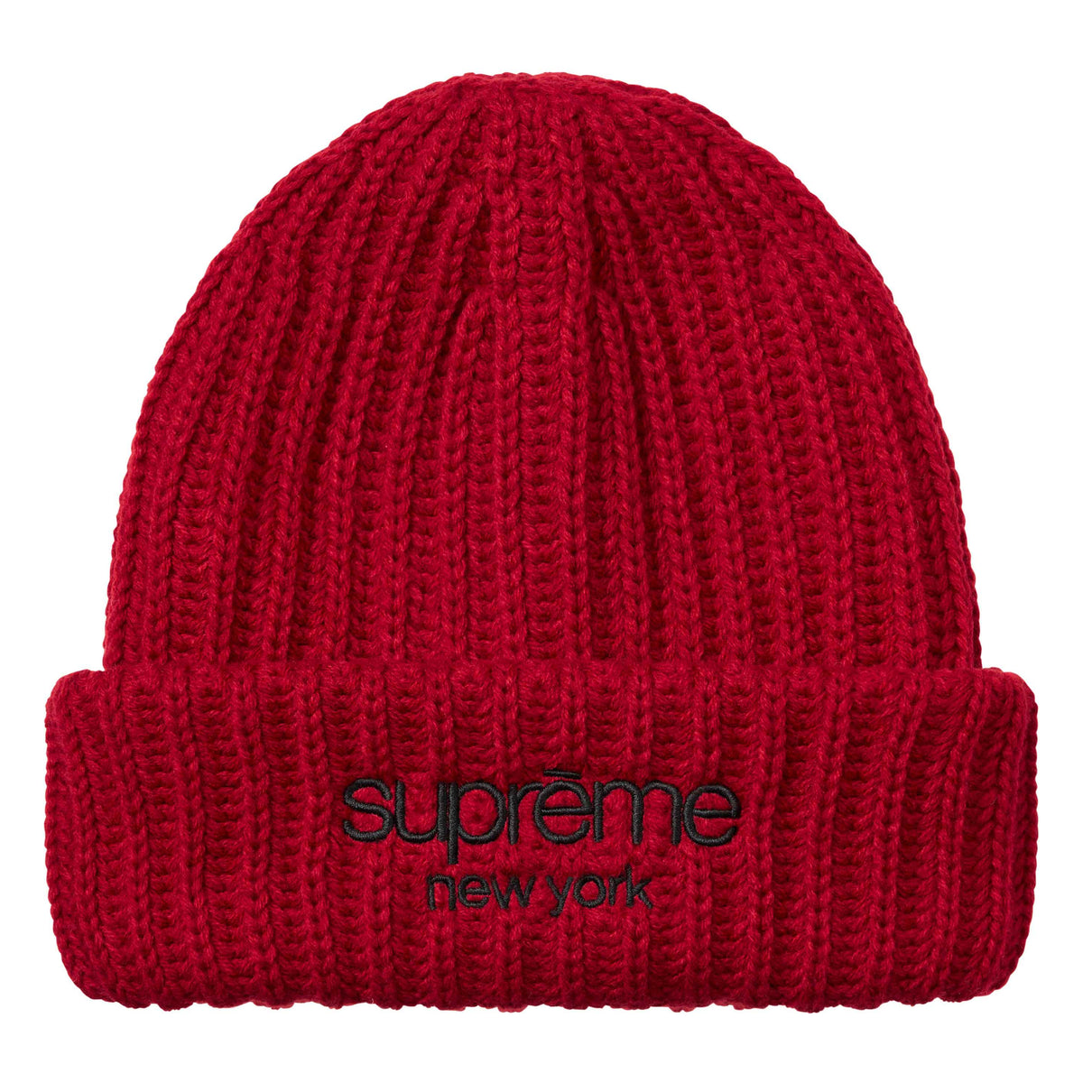Supreme Classic Logo Chunky Ribbed red beanie, front view