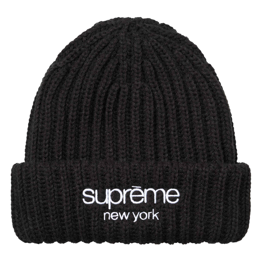 Supreme Classic Logo Chunky Ribbed black beanie, front view