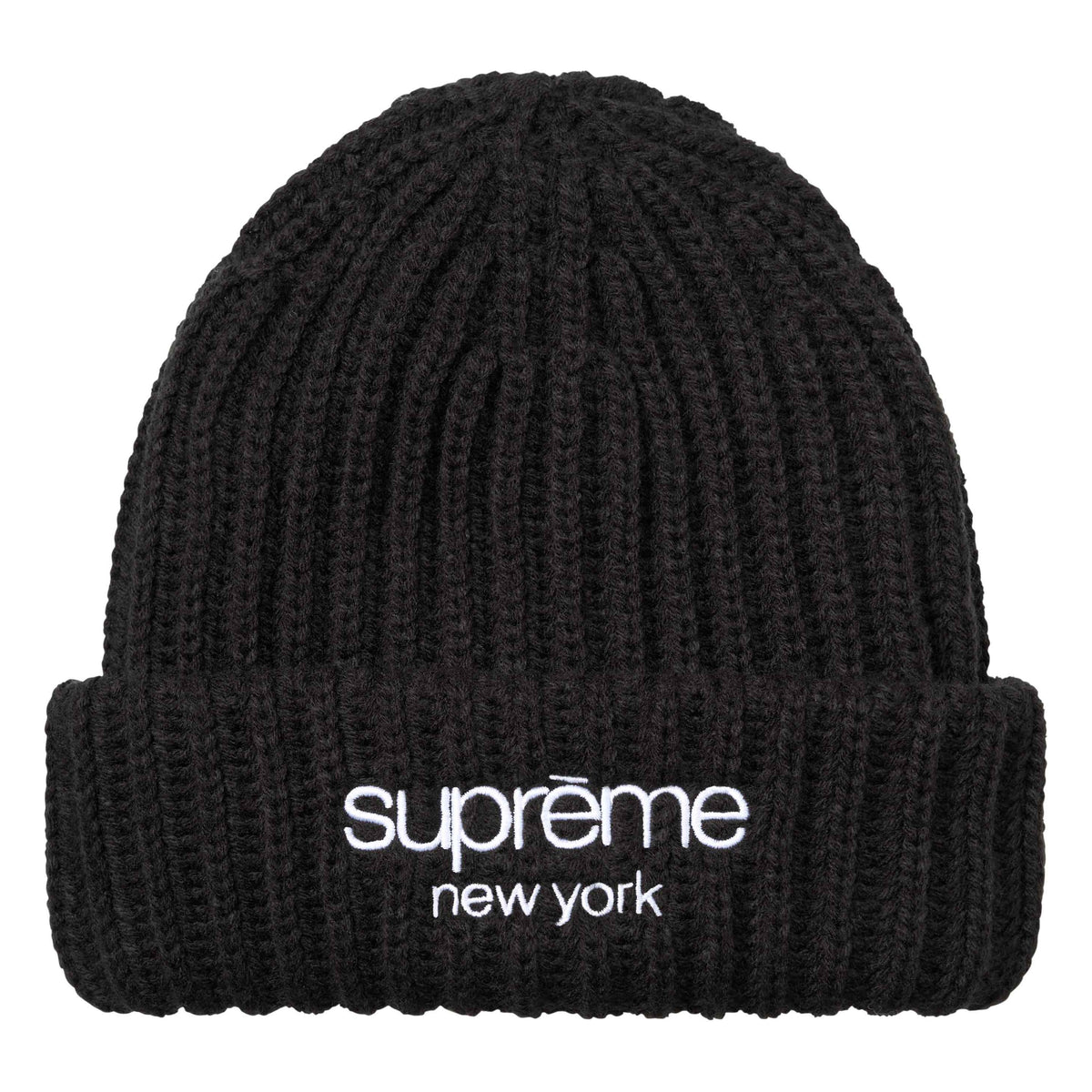 Supreme Classic Logo Chunky Ribbed black beanie, front view