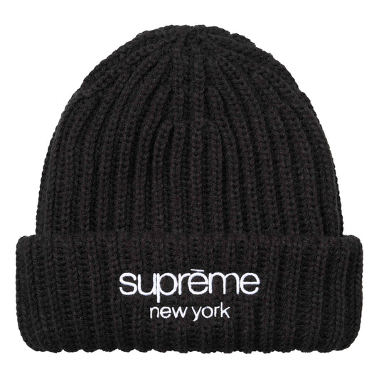 Supreme Classic Logo Chunky Ribbed black beanie, front view