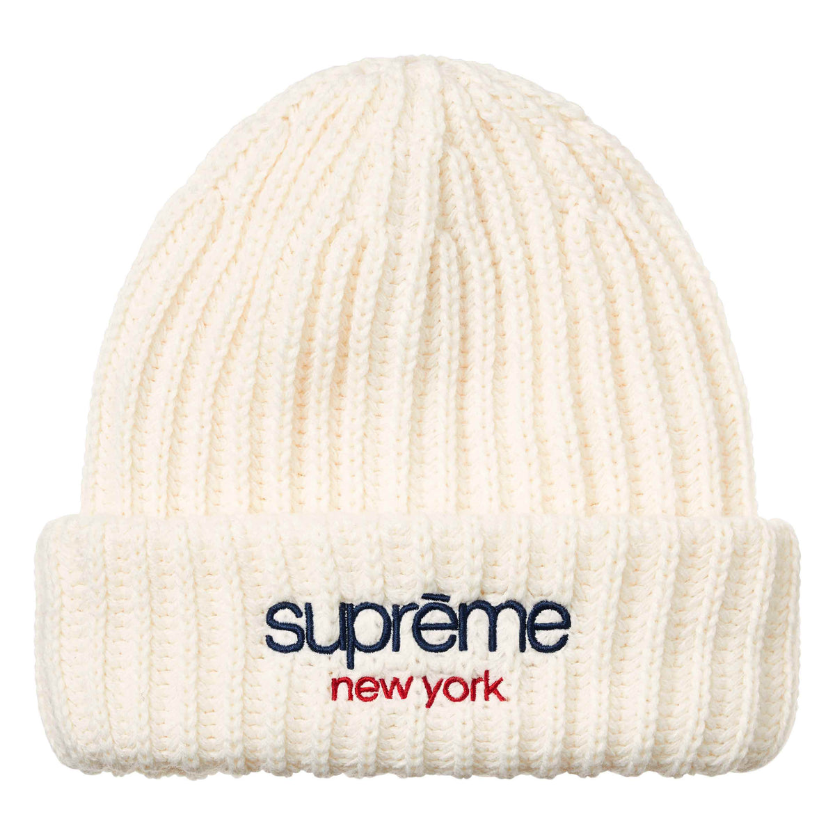 Supreme Classic Logo Chunky Ribbed white beanie, front view