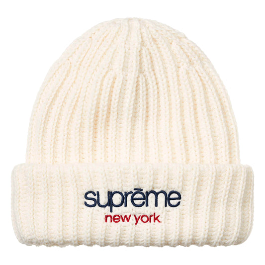 Supreme Classic Logo Chunky Ribbed white beanie, front view
