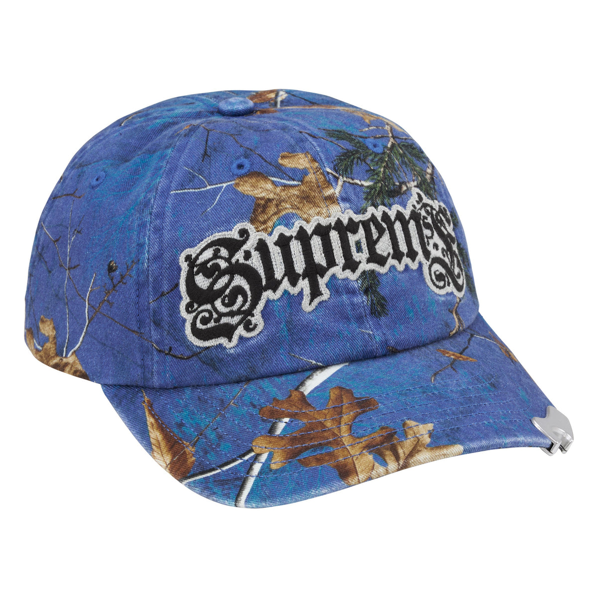 Supreme Bottle Opener realtree xtra royal camo 6-panel cap, angled view