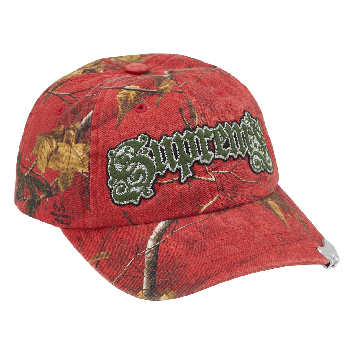 Supreme Bottle Opener realtree xtra red camo 6-panel cap, angled view