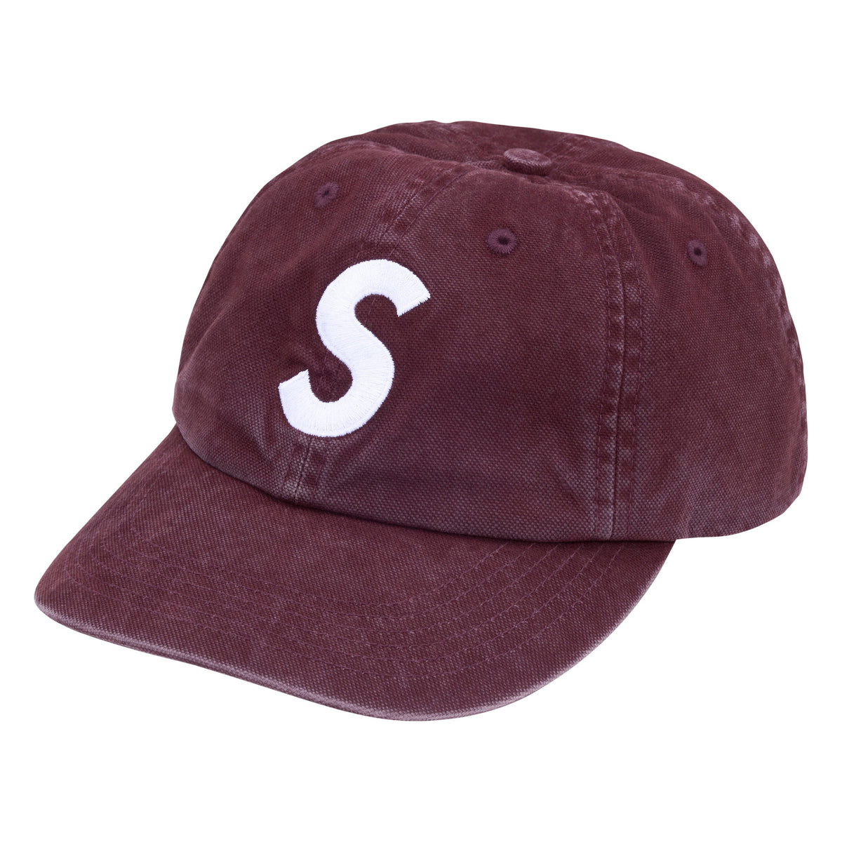 Supreme Washed Canvas S Logo plum 6-panel cap, front view