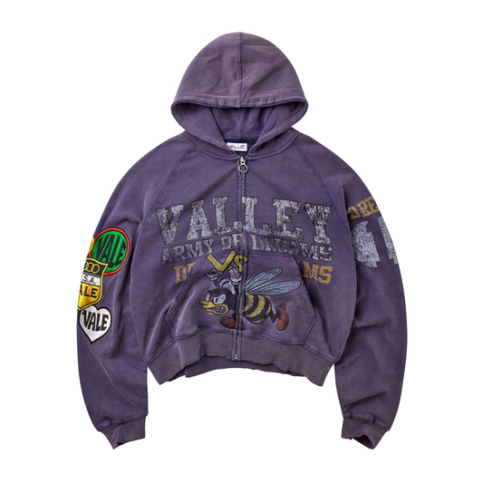 Vale Army purple zip up hoodie, front view
