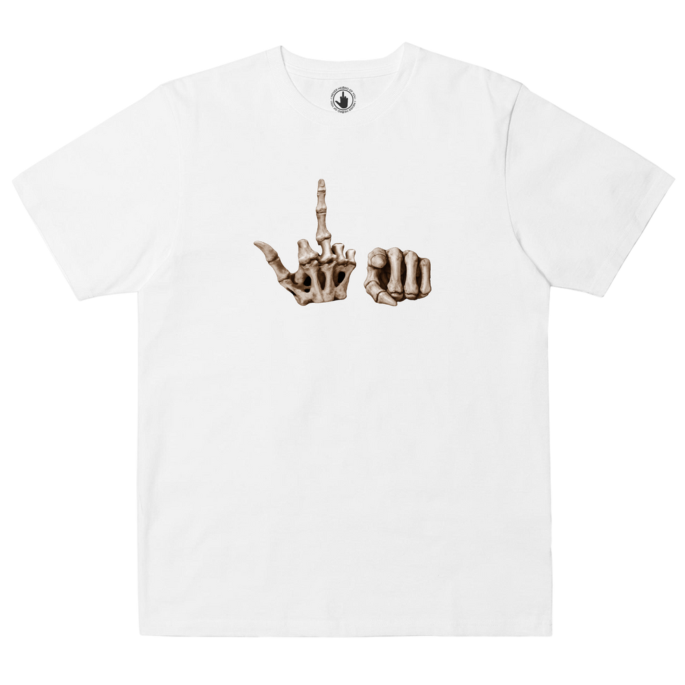 I Never Heard Of You Bone Hands white T-shirt, front view