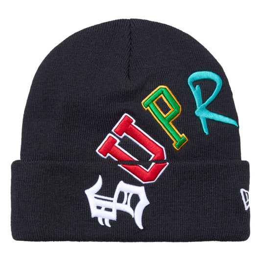 Supreme New Era Arc navy beanie, front view