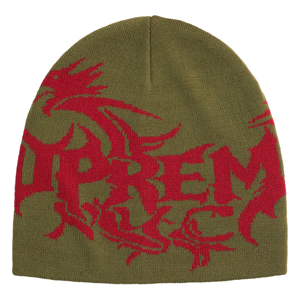 Supreme Dragon olive beanie, front view