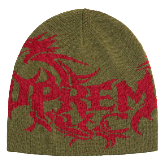 Supreme Dragon olive beanie, front view