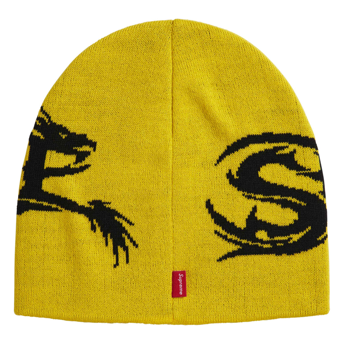 Supreme Dragon yellow beanie, back view