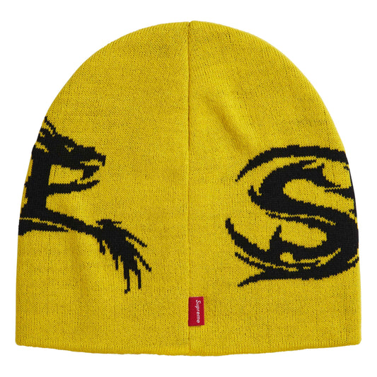 Supreme Dragon yellow beanie, back view