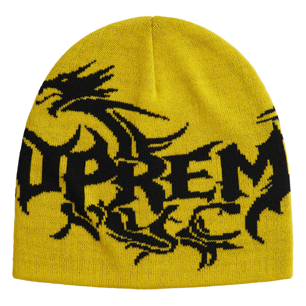 Supreme Dragon yellow beanie, front view