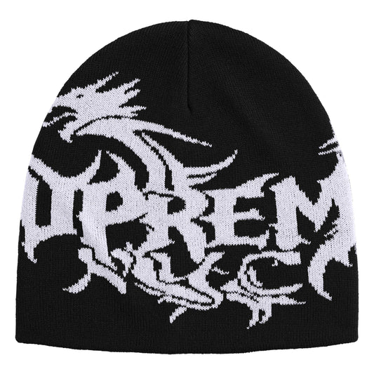 Supreme Dragon black beanie, front view