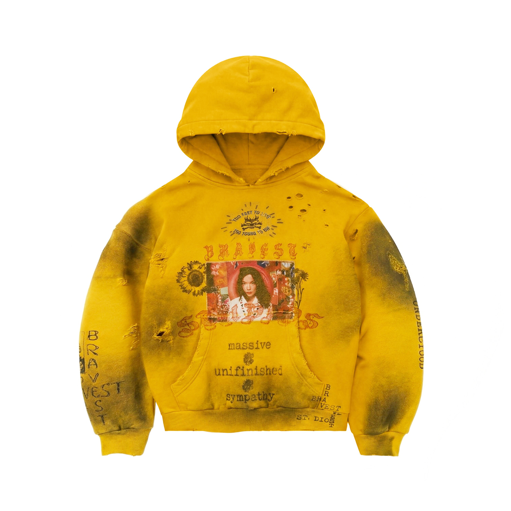 Bravest Studios Heirloom yellow hoodie, front view