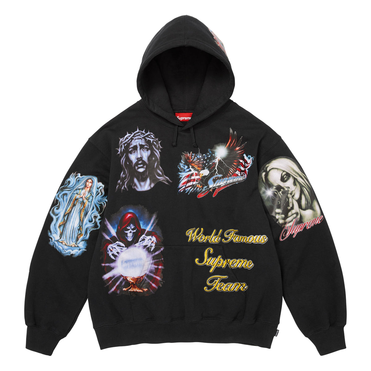 Supreme Stickers black hoodie, front view