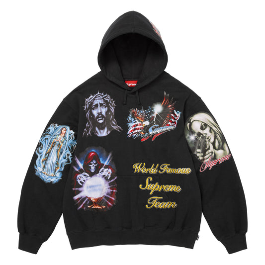 Supreme Stickers black hoodie, front view