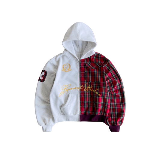 Bravest Studios Half Plaid zip up hoodie, front view