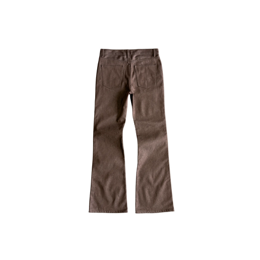 Bravest Studios Raw Flare Denim brown pants, back view