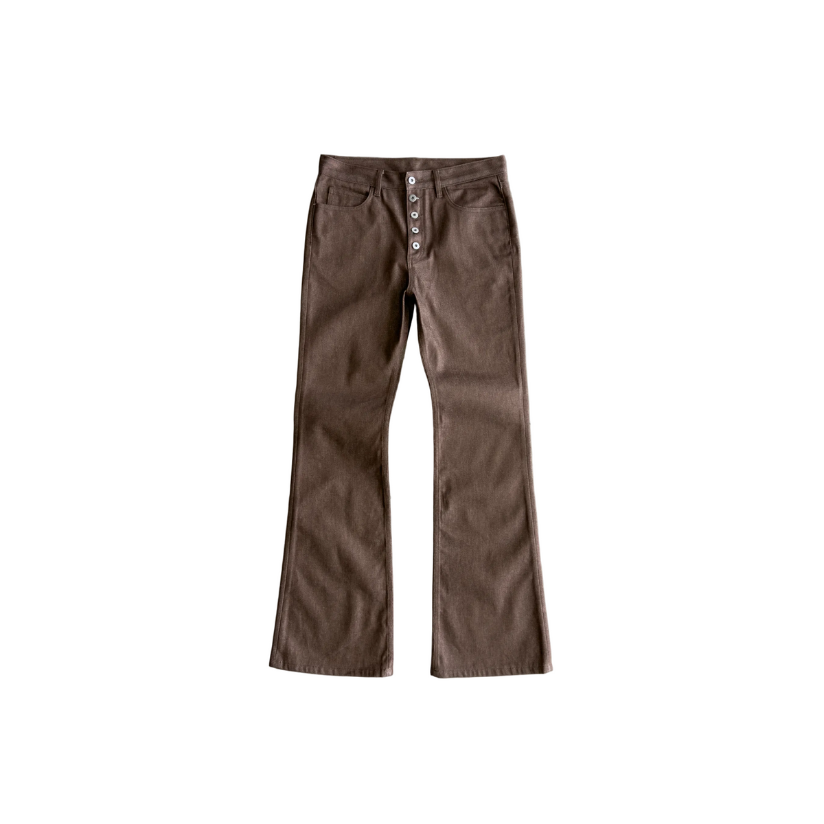 Bravest Studios Raw Flare Denim brown pants, front view