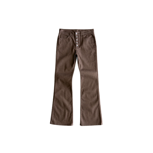 Bravest Studios Raw Flare Denim brown pants, front view