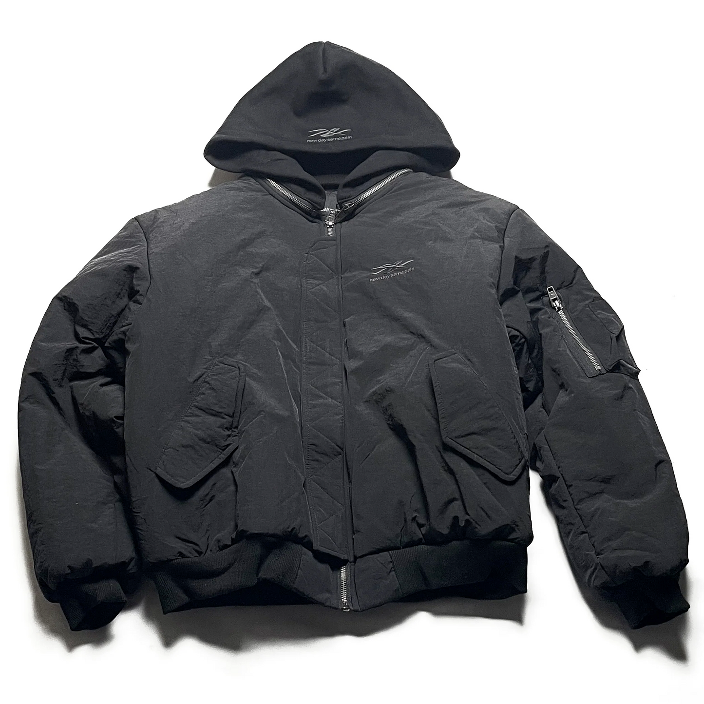 New Day Same Pain Sport Bomber Black Jacket WyCo Vintage Kansas City s Premier Destination for Streetwear Sneakers and Vintage Tees WyCo Vintage Broadway