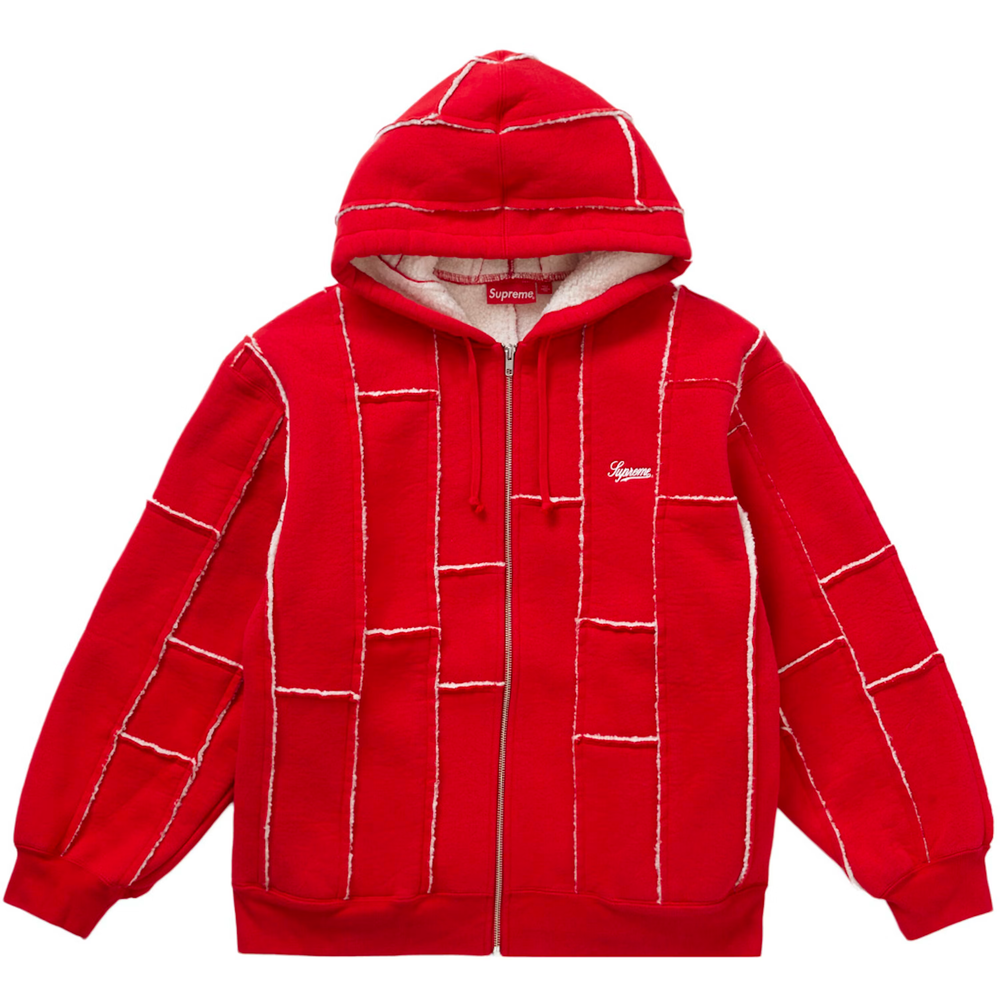 Supreme Faux Shearling Patchwork Red Zip Up Hoodie