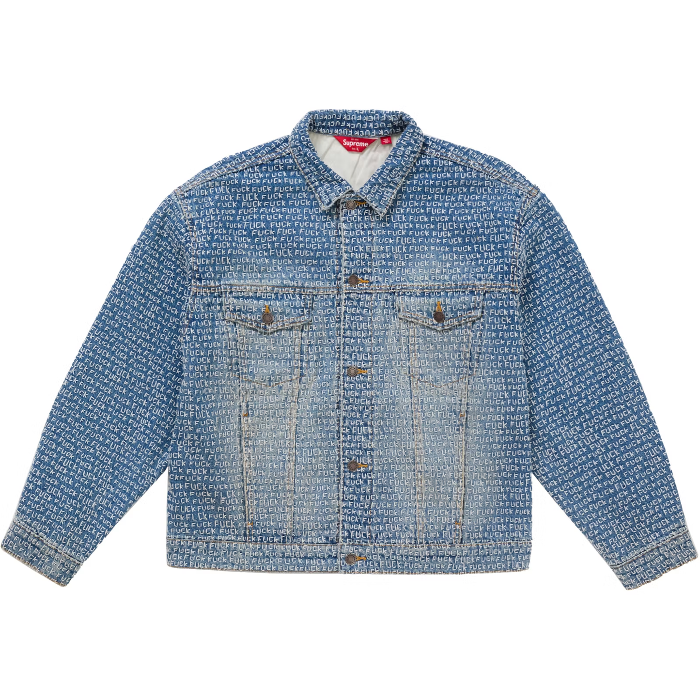 Supreme Fuck Stitch Blue Denim Trucker Jacket – WyCo Vintage Supreme Fuck Stitch Blue Denim Trucker Jacket – WyCo Vintage