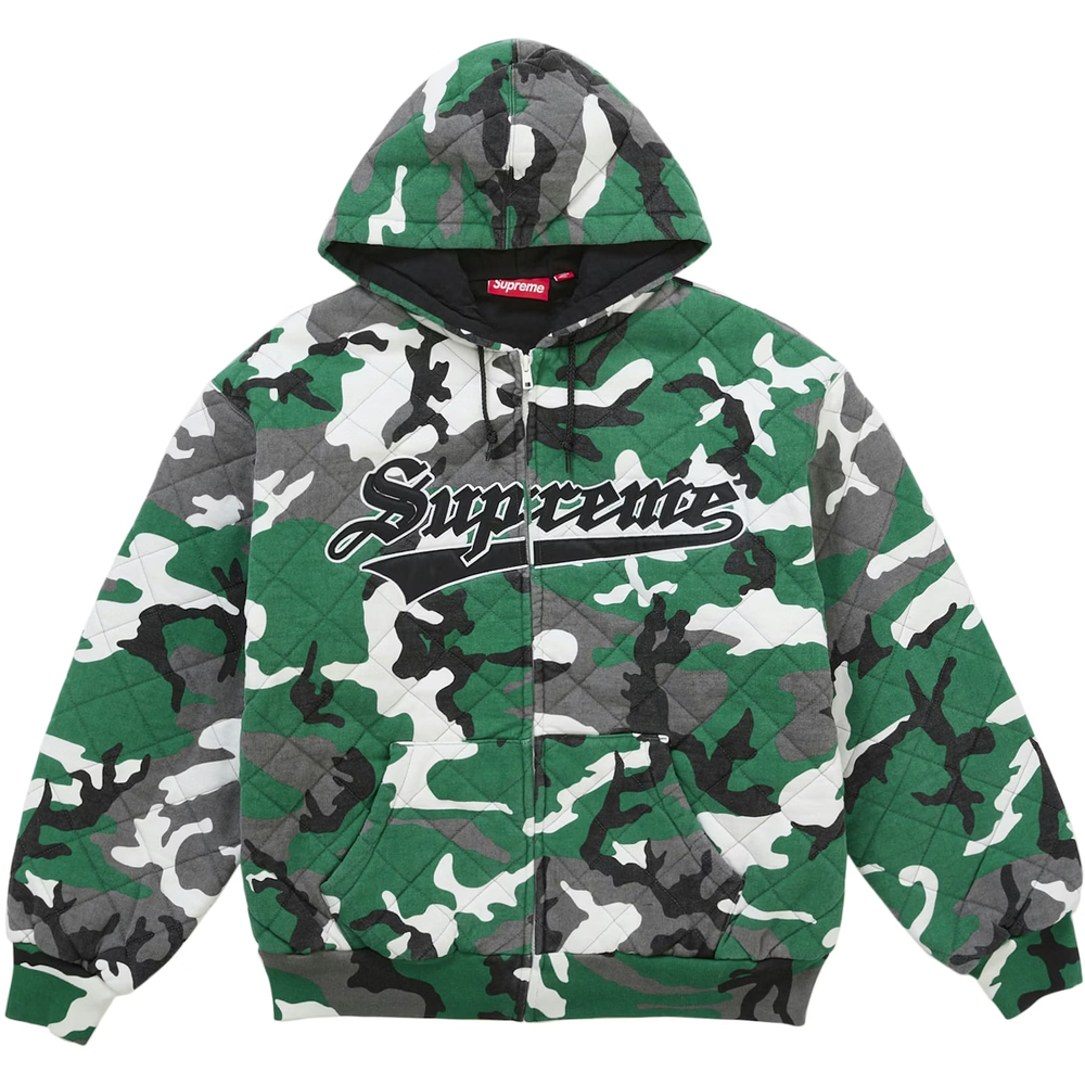 Supreme Quilted Green Camo Zip Up Hoodie