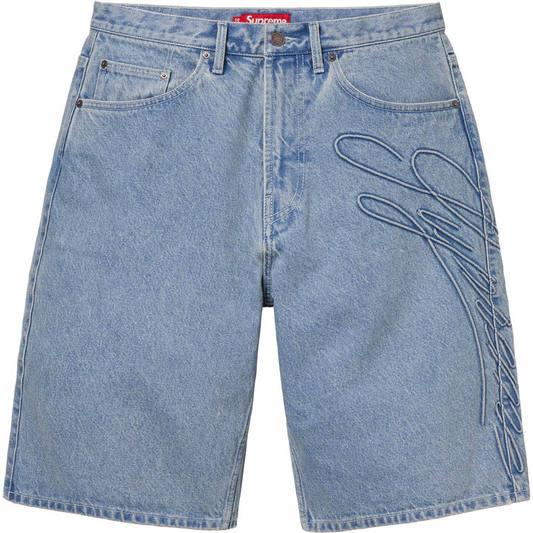 Supreme Script Baggy Denim Washed Indigo Shorts