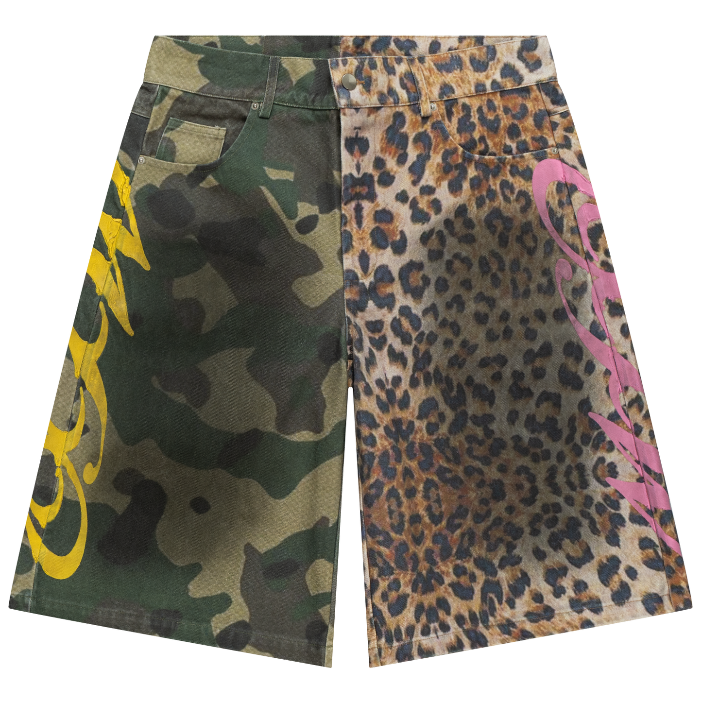 OTW Half and Half Cheetah/Camo Denim Shorts