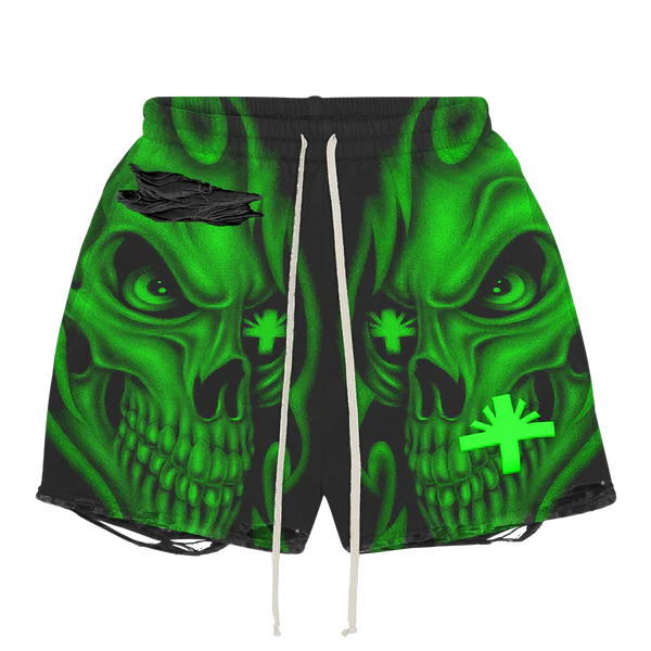 Vertabrae Green Skull Storm Distressed Black Shorts