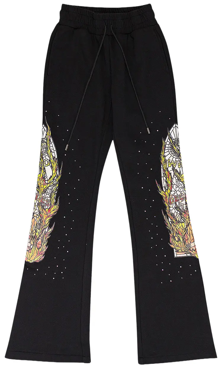 Who Decides War Flame Glass Rhinestone Black Sweatpants