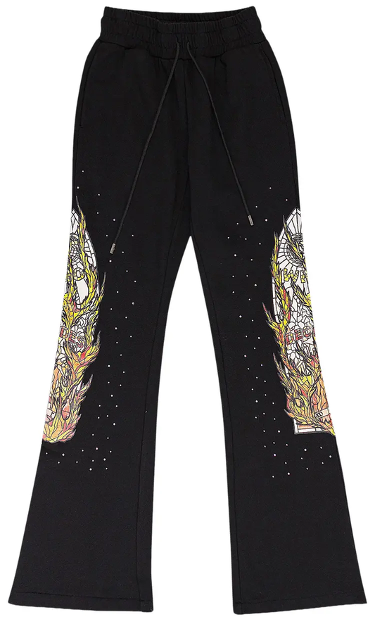 Who Decides War Flame Glass Rhinestone Black Sweatpants